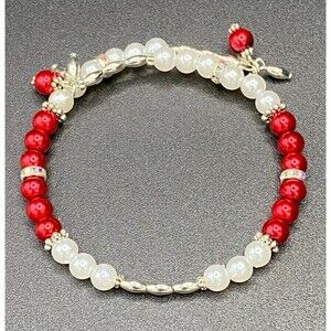 White & Red Faux Pearl Memory Wire Bracelet by Neanie-Bot